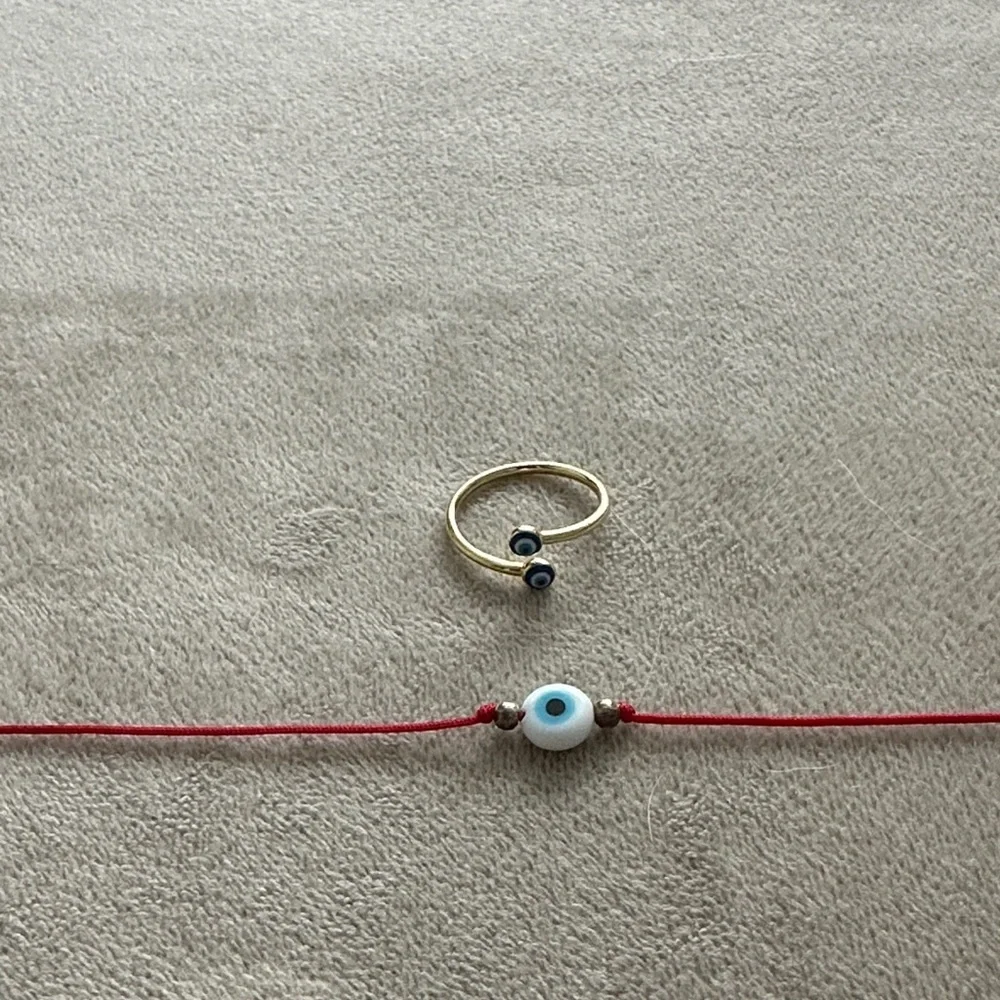 Gold Evil Eye Ring and Red String Bracelet Set